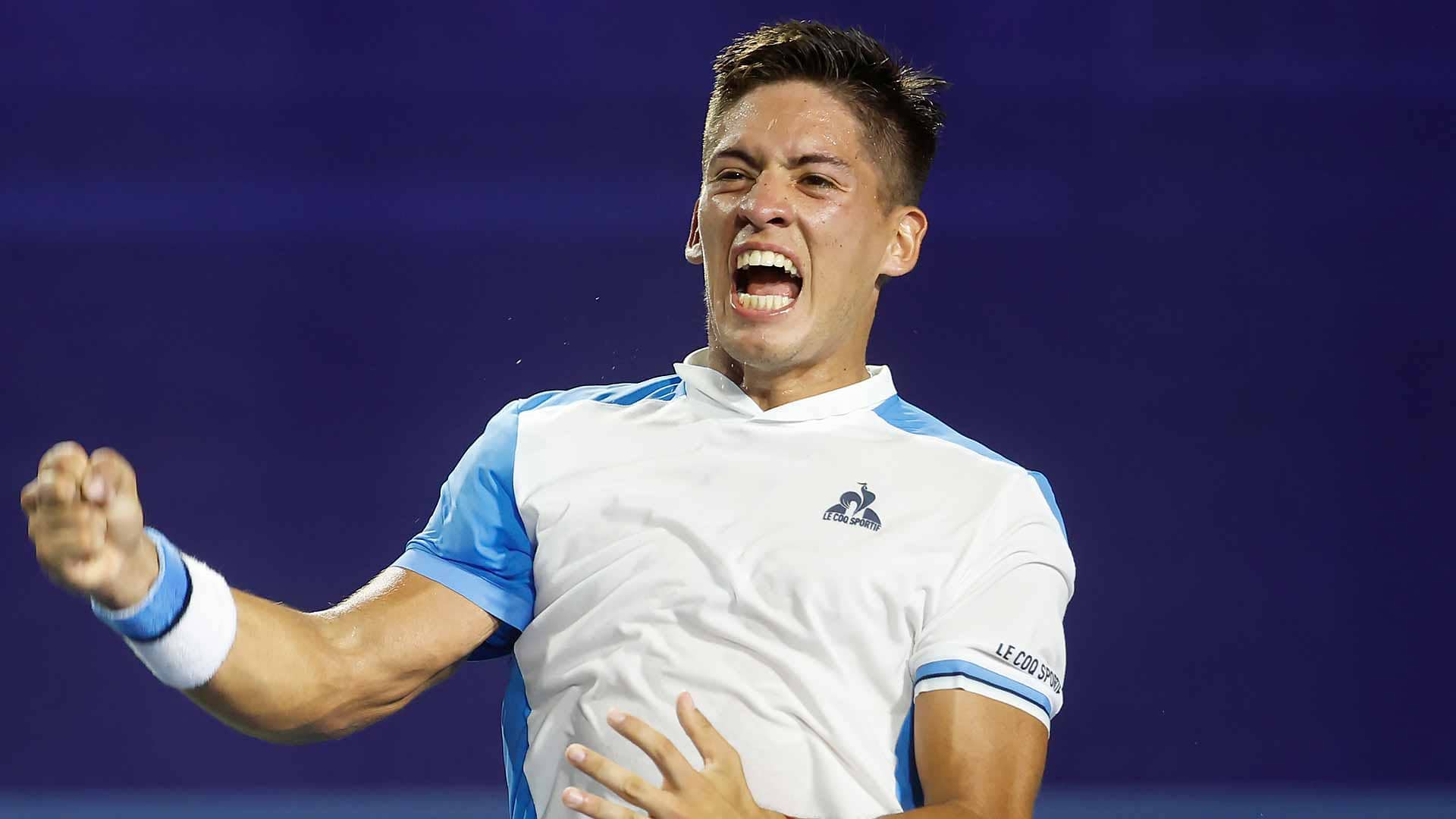Sebastian Baez rejoices after sealing his three hour, 19-minute win over Borna Coric to reach the Winston-Salem Open final.